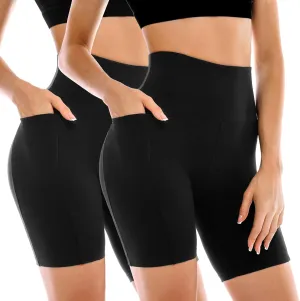 2 Pack Womens Biker Shorts with Pockets, High Waisted Tummy Control Yoga Shorts for Women Running Gym and Workout