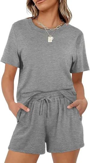 2 Piece Outfits for Women Crewneck Short Sleeves Tops Summer Casual Drawstring Shorts Athletic Outfit Sets