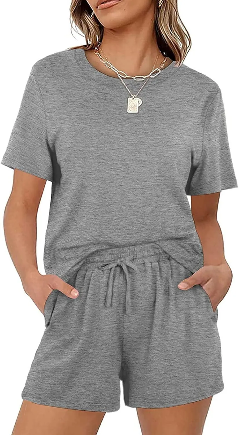 2 Piece Outfits for Women Crewneck Short Sleeves Tops Summer Casual Drawstring Shorts Athletic Outfit Sets
