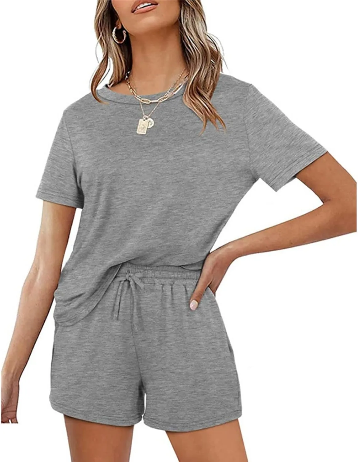 2 Piece Outfits for Women Crewneck Short Sleeves Tops Summer Casual Drawstring Shorts Athletic Outfit Sets