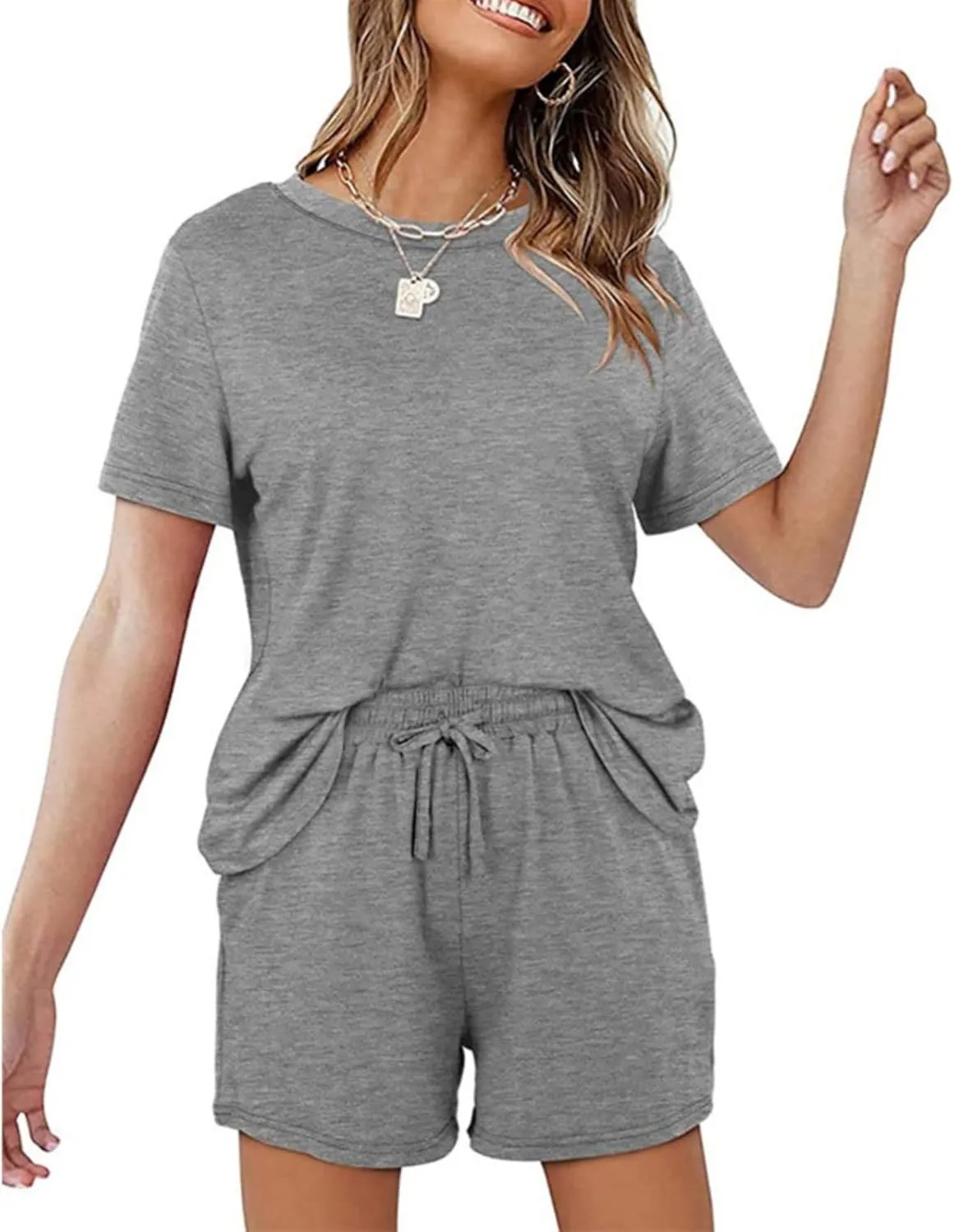 2 Piece Outfits for Women Crewneck Short Sleeves Tops Summer Casual Drawstring Shorts Athletic Outfit Sets
