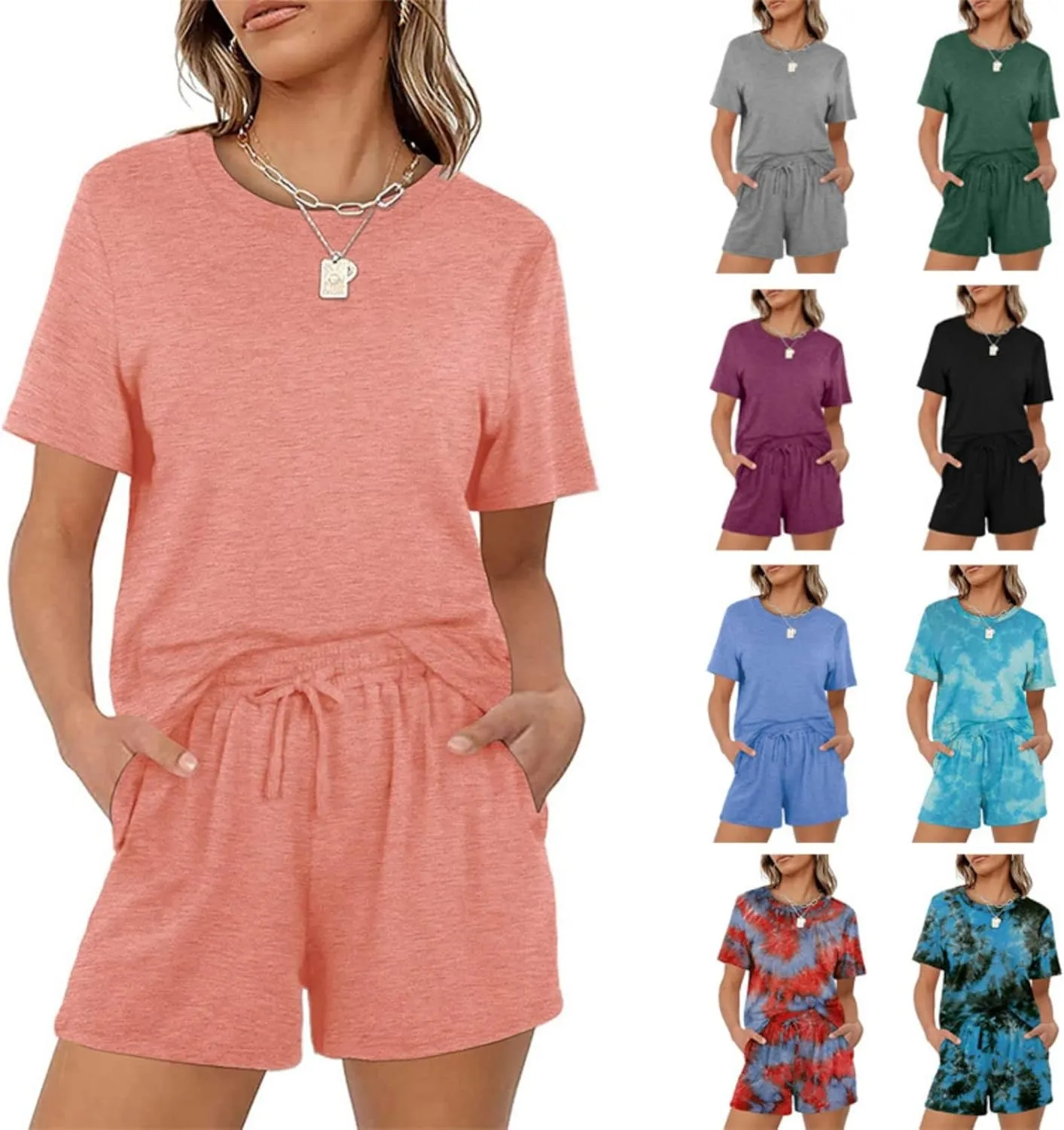 2 Piece Outfits for Women Crewneck Short Sleeves Tops Summer Casual Drawstring Shorts Athletic Outfit Sets
