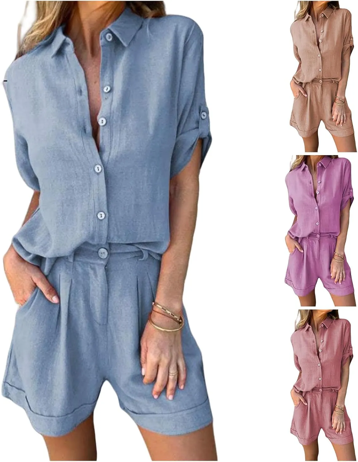 2 Piece Outfits for Women Summer Cotton Linen Short Sleeve Top and Shorts Button Down Blouse Lounge Tracksuit Sets