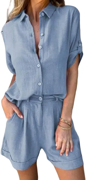 2 Piece Outfits for Women Summer Cotton Linen Short Sleeve Top and Shorts Button Down Blouse Lounge Tracksuit Sets