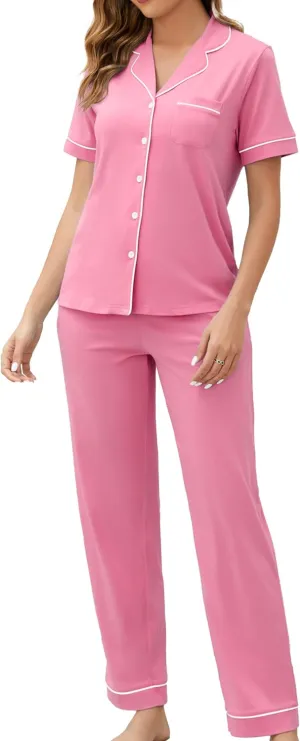 2025 100% Cotton Pajamas for Women 2 Piece PJ Set Pants with Pockets Short Sleeve Button Down Soft Sleepwear