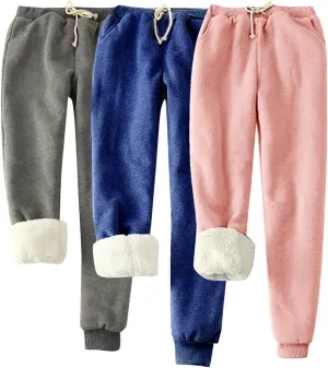 3 Pack Sherpa Lined Jogger Pants Women Winter Warm Drawstring Elastic Waist Sweatpants Plus Size Loungewear Bottoms
