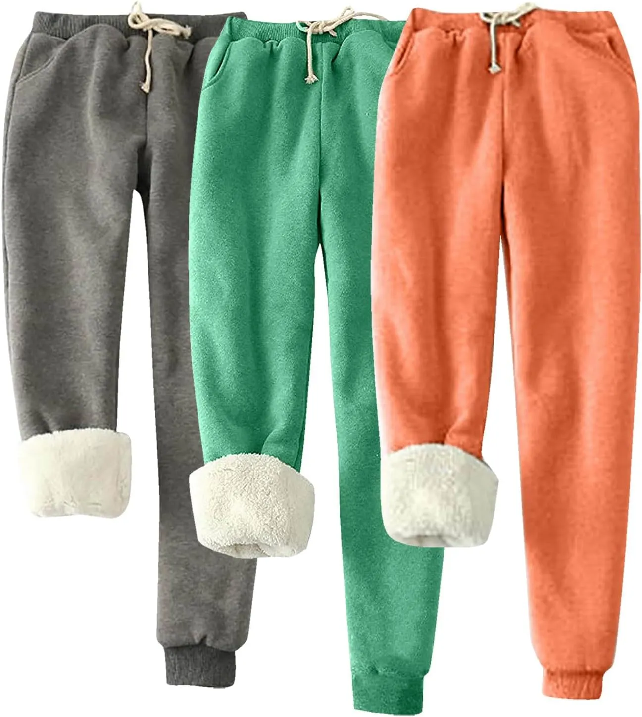 3 Pack Sherpa Lined Jogger Pants Women Winter Warm Drawstring Elastic Waist Sweatpants Plus Size Loungewear Bottoms