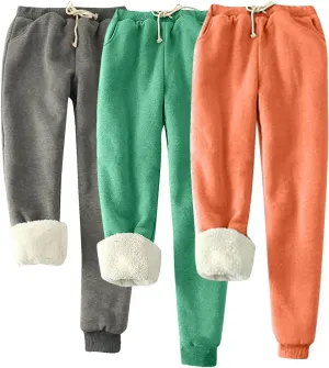 3 Pack Sherpa Lined Jogger Pants Women Winter Warm Drawstring Elastic Waist Sweatpants Plus Size Loungewear Bottoms