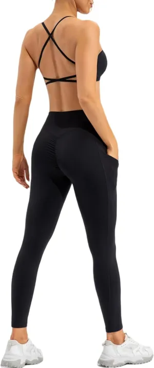ABOCIW Workout Sets for Women Scoop Neck Cross Back Sport Bra Crossover High Waist Leggings with Pockets Scrunch Butt Lifting Yoga Pant Gym Yoga 2 Piece Outfits Black Large