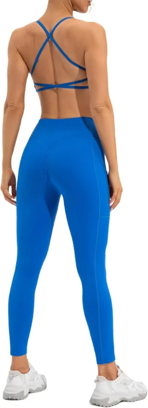 ABOCIW Workout Sets for Women Scoop Neck Cross Back Sport Bra Crossover High Waist Leggings with Pockets Scrunch Butt Lifting Yoga Pant Gym Yoga 2 Piece Outfits Blue Large