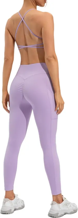 ABOCIW Workout Sets for Women Scoop Neck Cross Back Sport Bra Crossover High Waist Leggings with Pockets Scrunch Butt Lifting Yoga Pant Gym Yoga 2 Piece Outfits Lilac X-Large