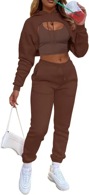 acelyn Womens Sexy 3 Piece Tracksuits Fall Long Sleeve Pullover Hoodie   Tank   Jogging Pants Outfits Sweatsuit Workout Sets