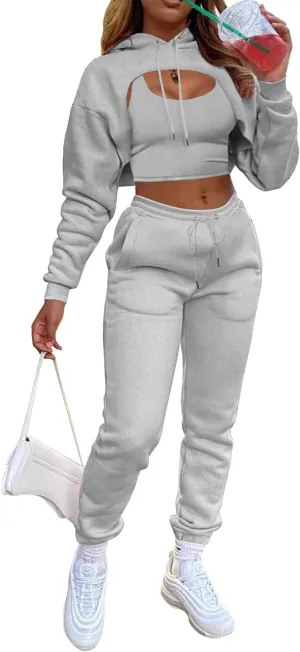 acelyn Womens Sexy 3 Piece Tracksuits Fall Long Sleeve Pullover Hoodie   Tank   Jogging Pants Outfits Sweatsuit Workout Sets