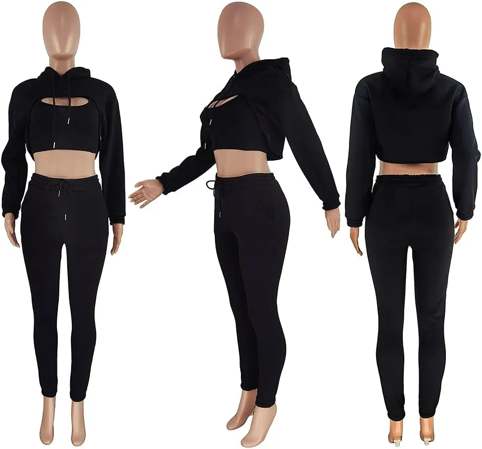acelyn Womens Sexy 3 Piece Tracksuits Fall Long Sleeve Pullover Hoodie   Tank   Jogging Pants Outfits Sweatsuit Workout Sets