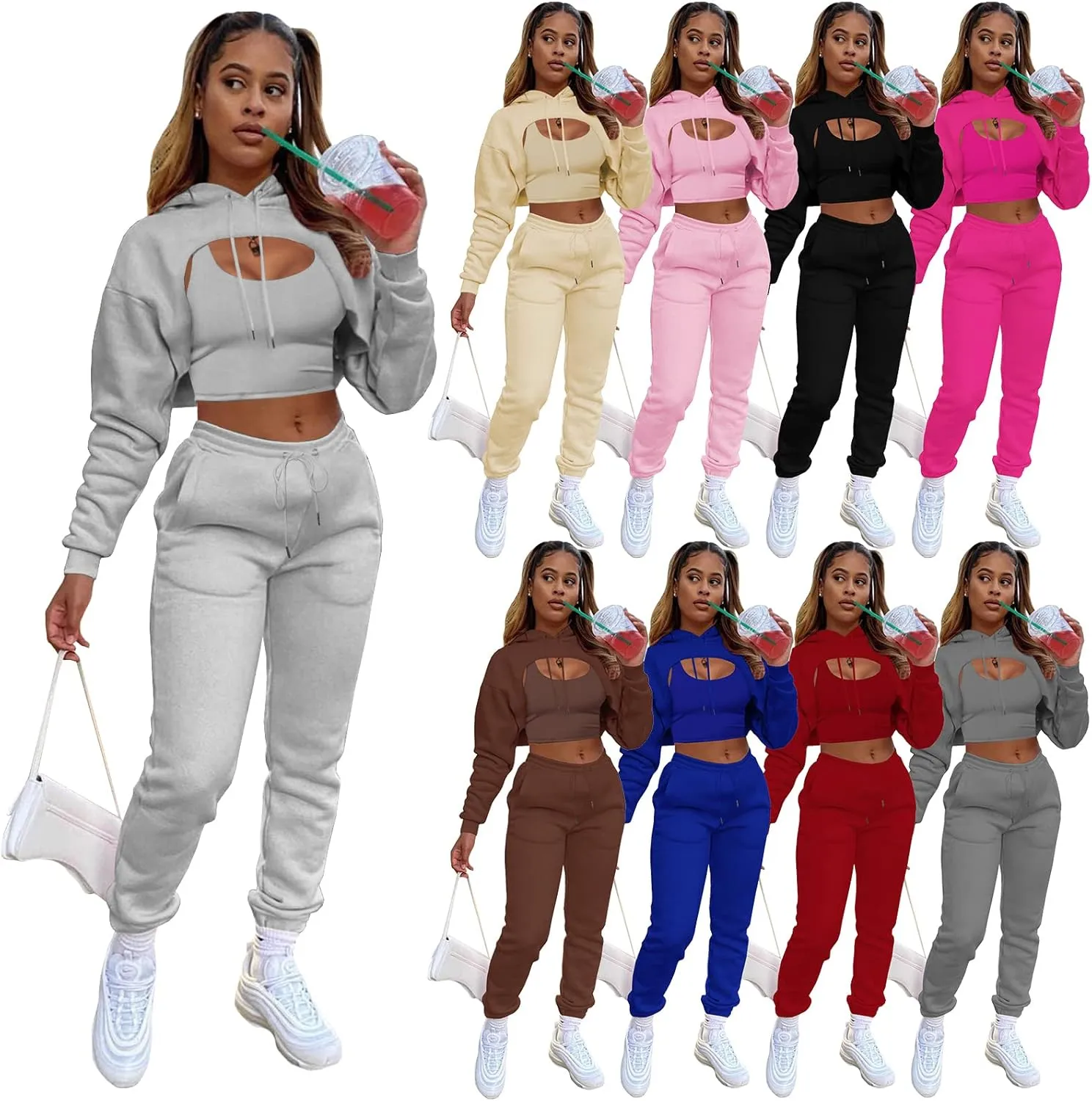 acelyn Womens Sexy 3 Piece Tracksuits Fall Long Sleeve Pullover Hoodie   Tank   Jogging Pants Outfits Sweatsuit Workout Sets