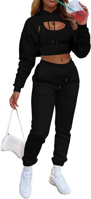 acelyn Womens Sexy 3 Piece Tracksuits Fall Long Sleeve Pullover Hoodie   Tank   Jogging Pants Outfits Sweatsuit Workout Sets