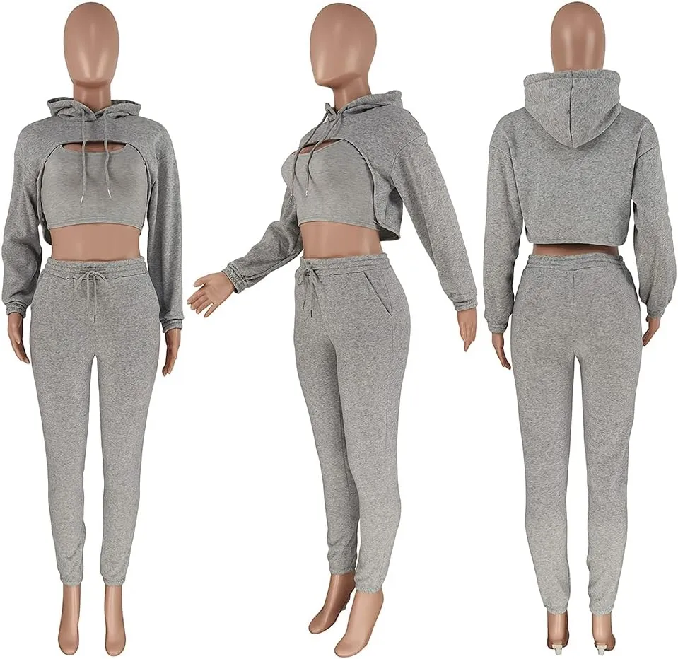 acelyn Womens Sexy 3 Piece Tracksuits Fall Long Sleeve Pullover Hoodie   Tank   Jogging Pants Outfits Sweatsuit Workout Sets