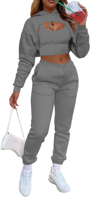acelyn Womens Sexy 3 Piece Tracksuits Fall Long Sleeve Pullover Hoodie   Tank   Jogging Pants Outfits Sweatsuit Workout Sets