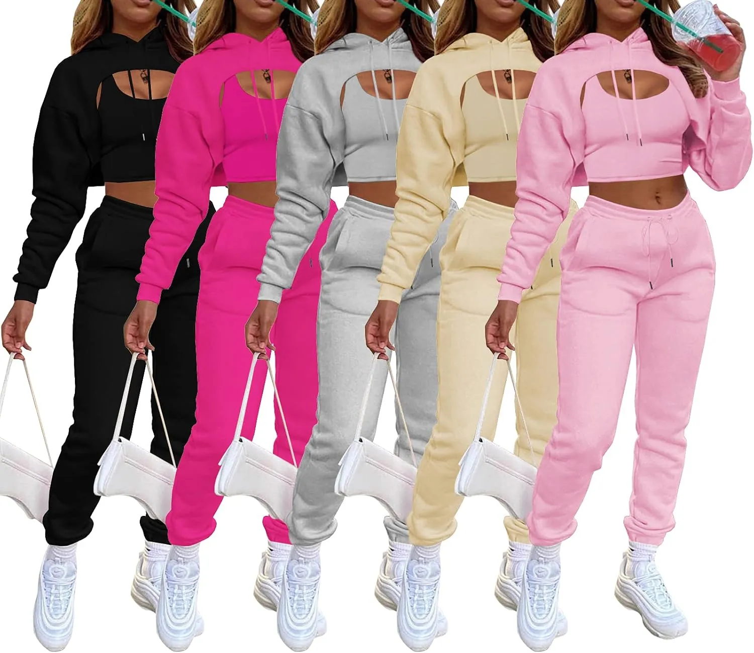acelyn Womens Sexy 3 Piece Tracksuits Fall Long Sleeve Pullover Hoodie   Tank   Jogging Pants Outfits Sweatsuit Workout Sets