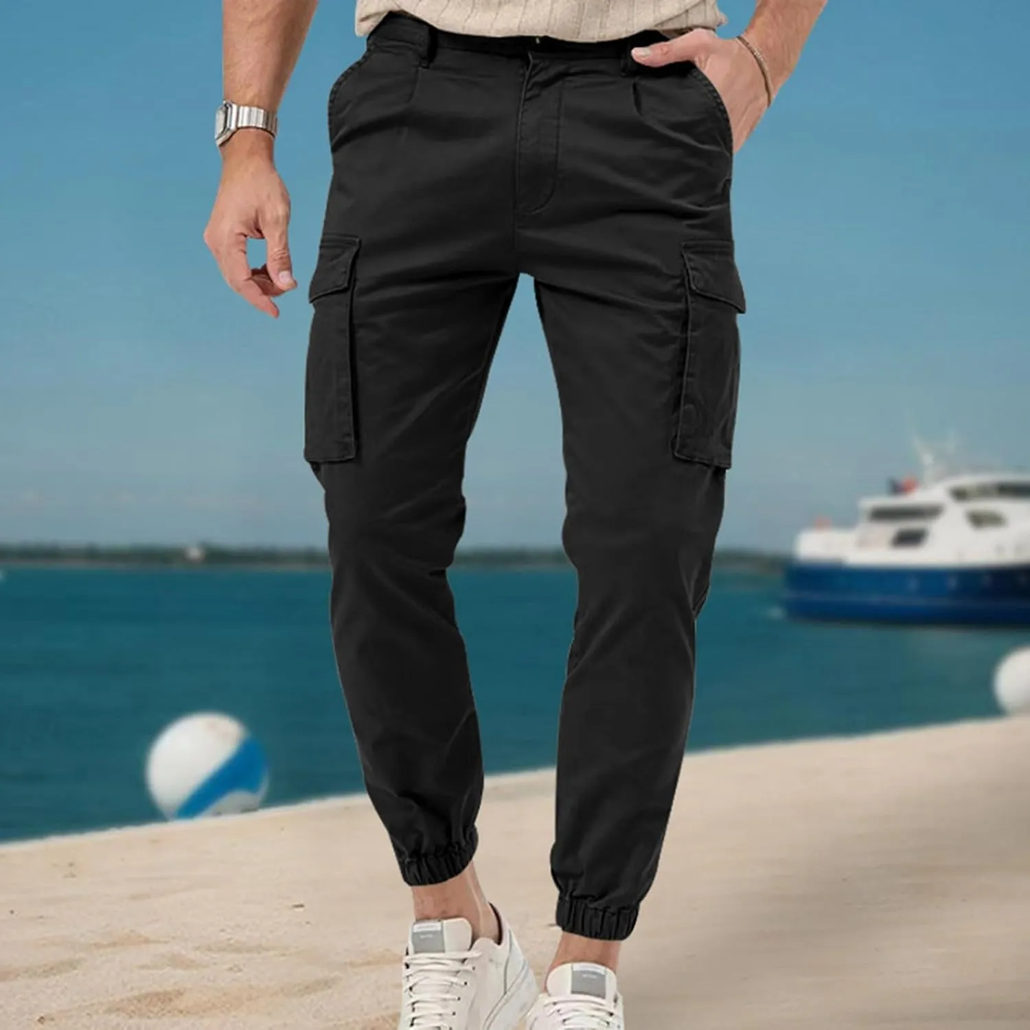 ADHOWBEW Mens Pants Casual Elastic Waist Outdoor Work Cargo Pockets Relaxed Fit Pants