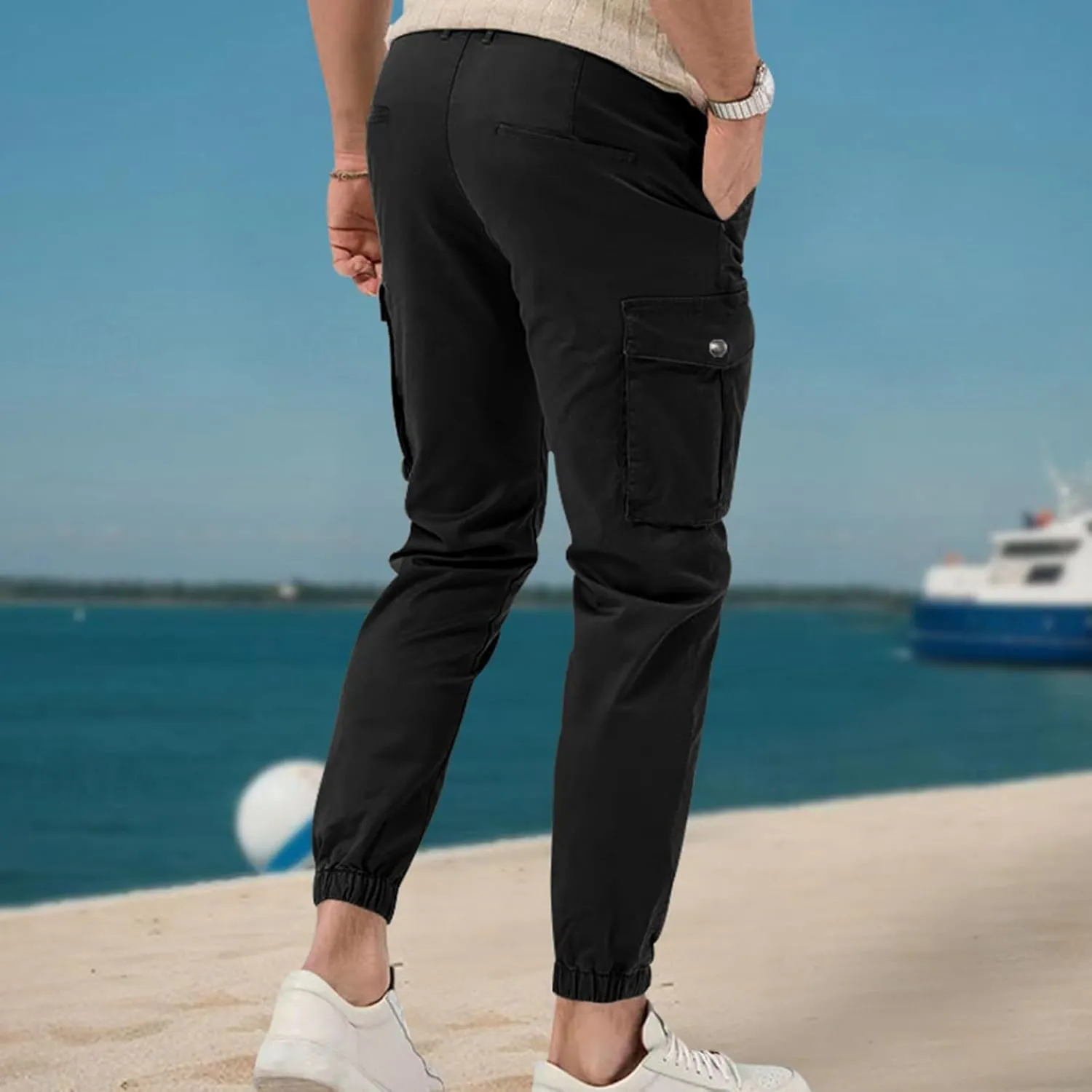 ADHOWBEW Mens Pants Casual Elastic Waist Outdoor Work Cargo Pockets Relaxed Fit Pants