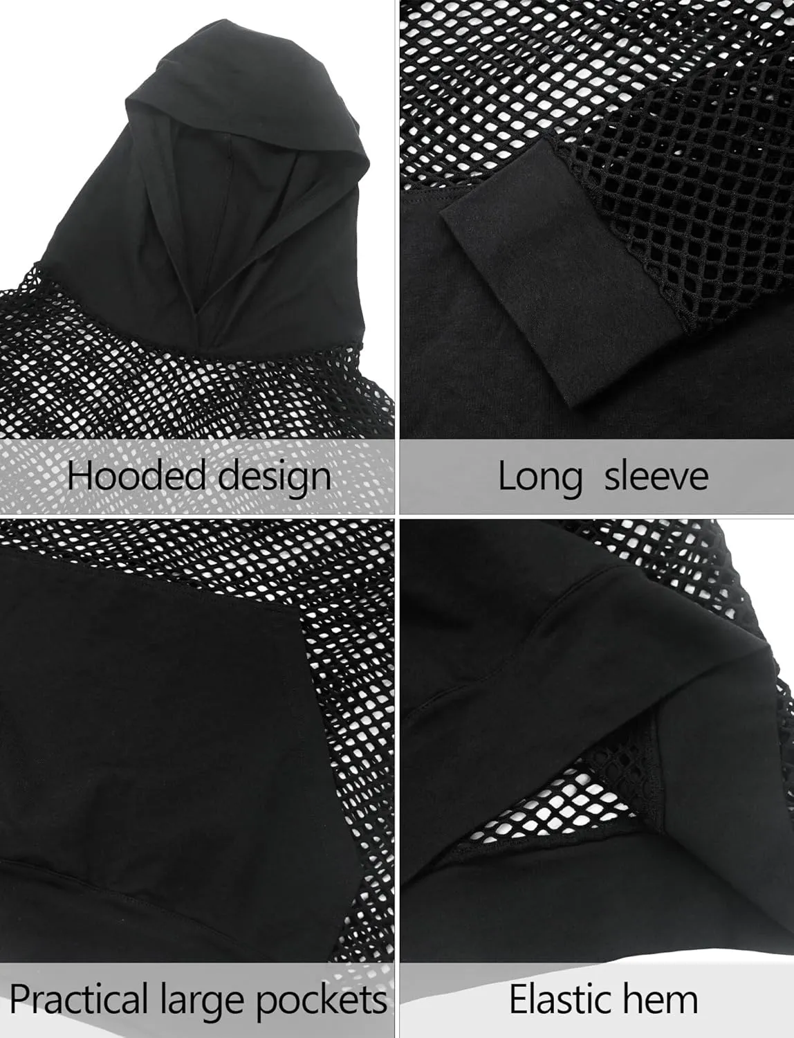 Aivtalk Men’s Mesh Fishnet Hoodie Long Sleeves Crop Top See Through Pullover Sweatshirt Workout Tank Tops with Pockets