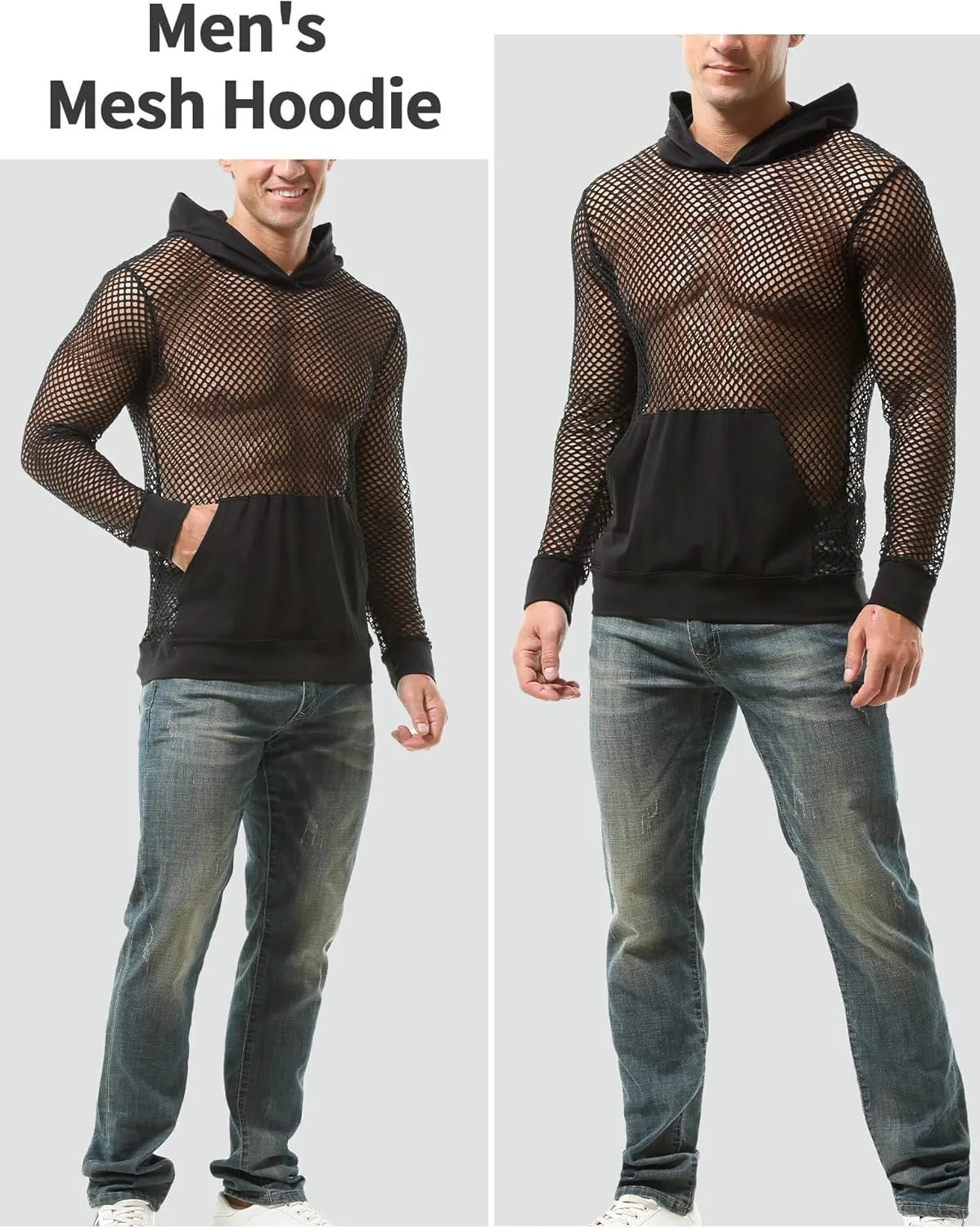 Aivtalk Men’s Mesh Fishnet Hoodie Long Sleeves Crop Top See Through Pullover Sweatshirt Workout Tank Tops with Pockets