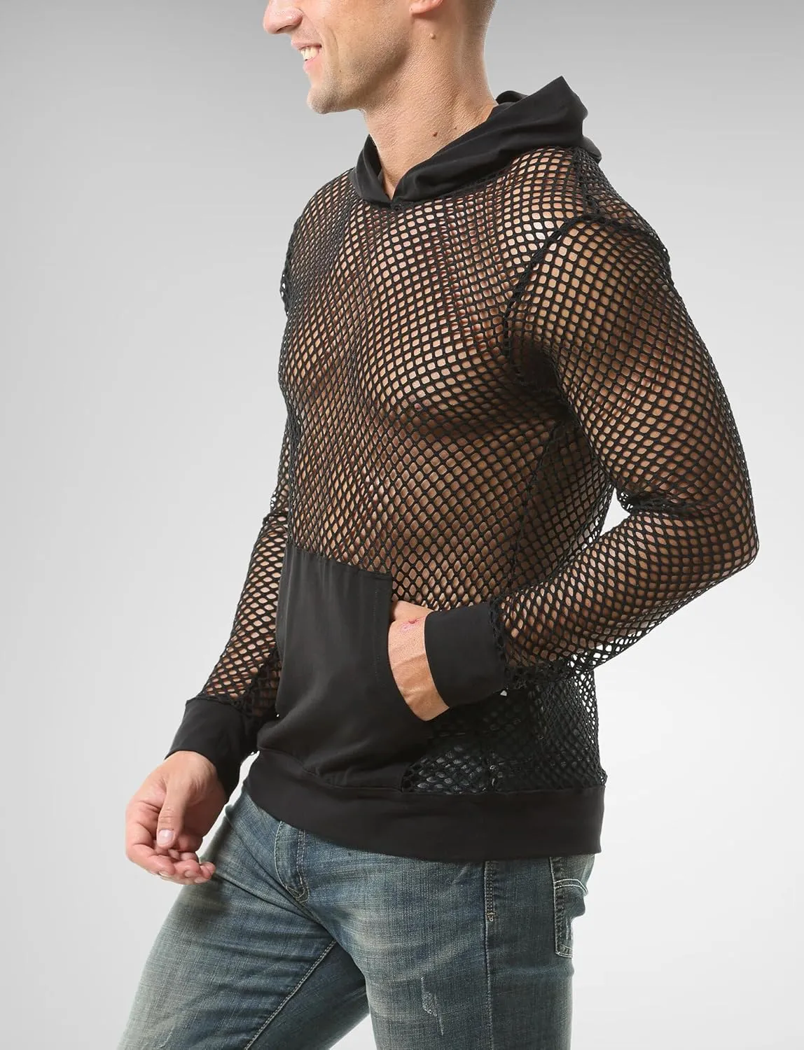Aivtalk Men’s Mesh Fishnet Hoodie Long Sleeves Crop Top See Through Pullover Sweatshirt Workout Tank Tops with Pockets