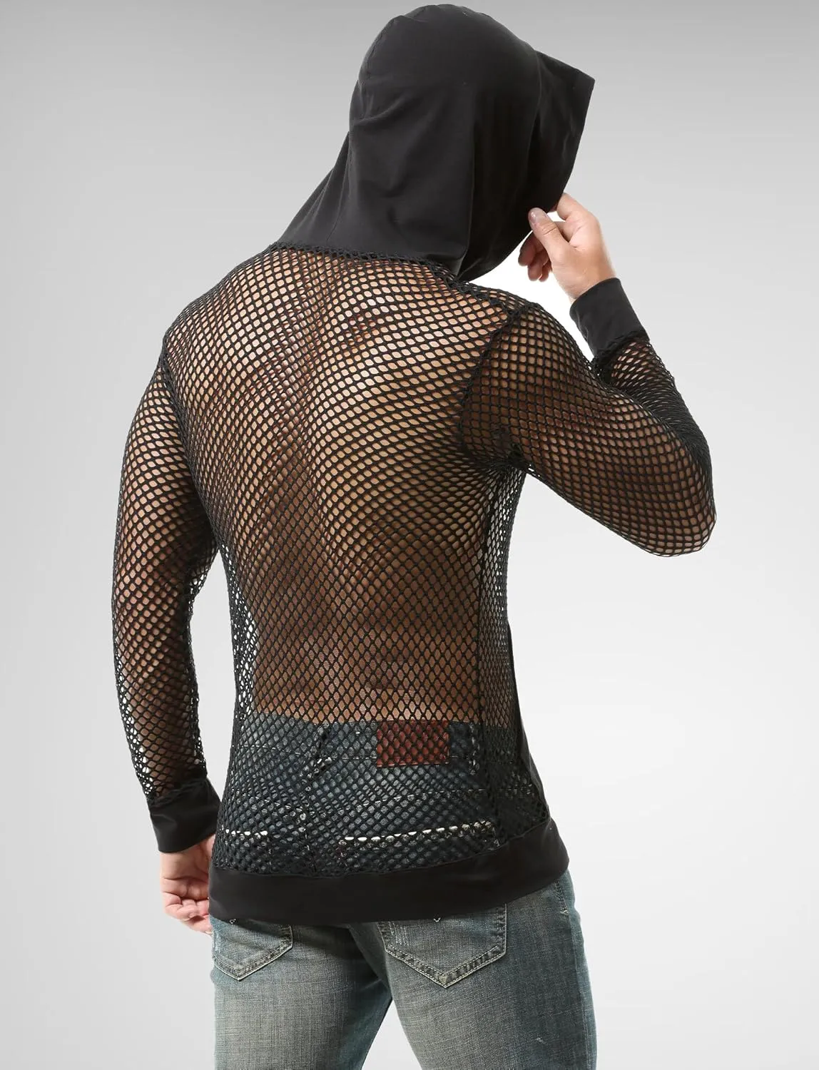 Aivtalk Men’s Mesh Fishnet Hoodie Long Sleeves Crop Top See Through Pullover Sweatshirt Workout Tank Tops with Pockets