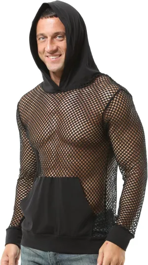 Aivtalk Men’s Mesh Fishnet Hoodie Long Sleeves Crop Top See Through Pullover Sweatshirt Workout Tank Tops with Pockets