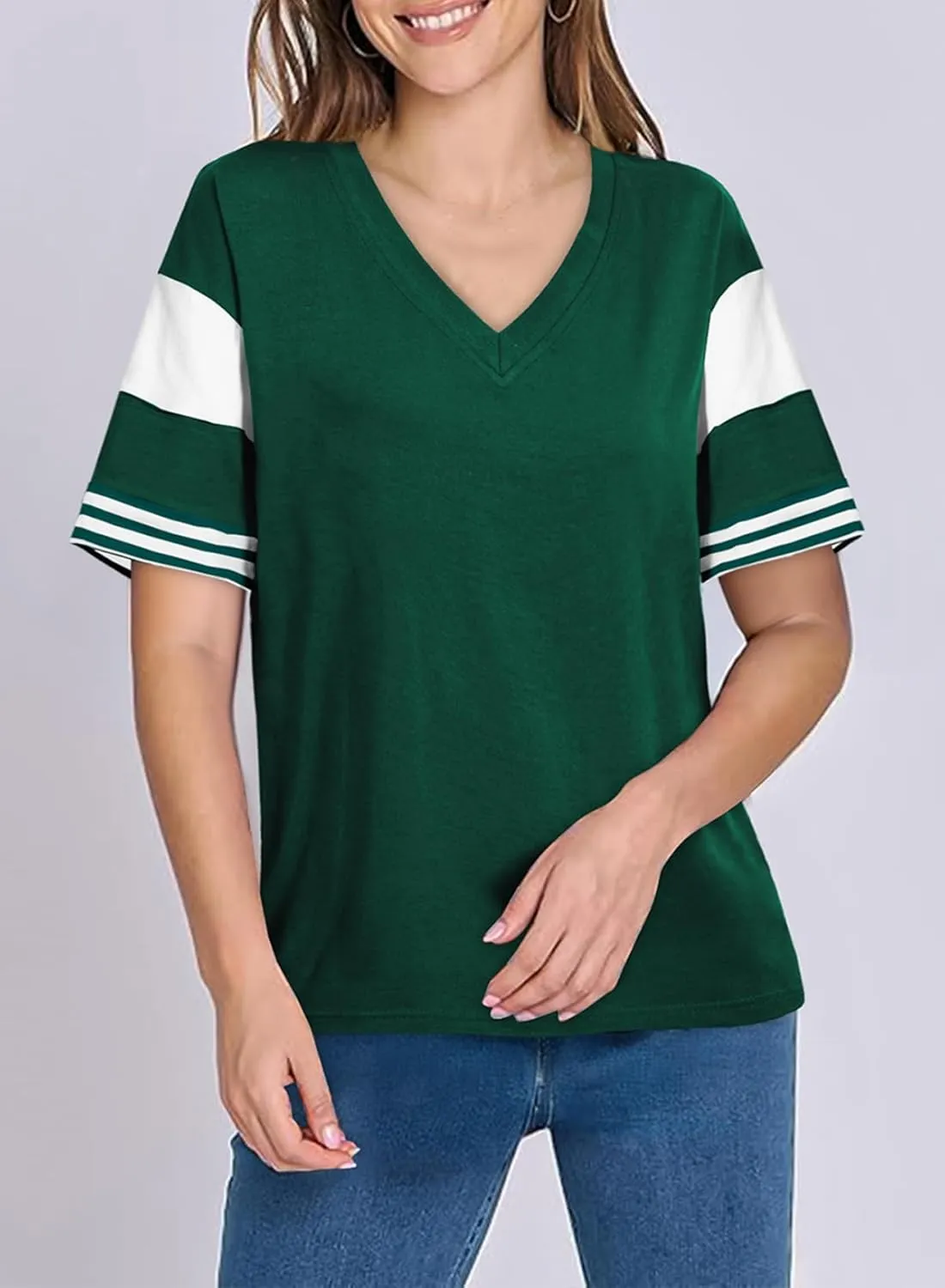AlvaQ Womens Summer Colorblock Striped T Shirts Short Sleeve V Neck Casual Loose Pullover Tunic Tops