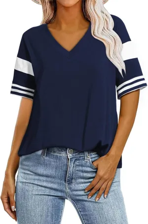 AlvaQ Womens Summer Colorblock Striped T Shirts Short Sleeve V Neck Casual Loose Pullover Tunic Tops