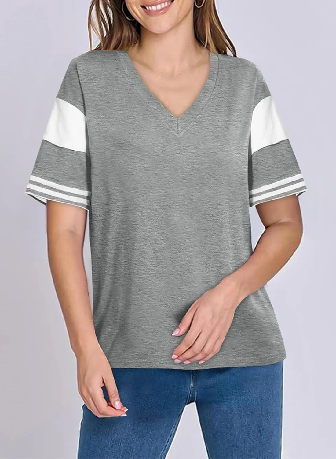 AlvaQ Womens Summer Colorblock Striped T Shirts Short Sleeve V Neck Casual Loose Pullover Tunic Tops