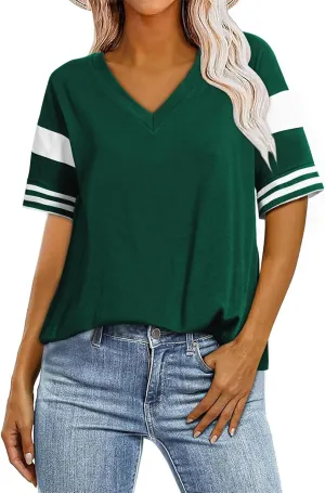 AlvaQ Womens Summer Colorblock Striped T Shirts Short Sleeve V Neck Casual Loose Pullover Tunic Tops