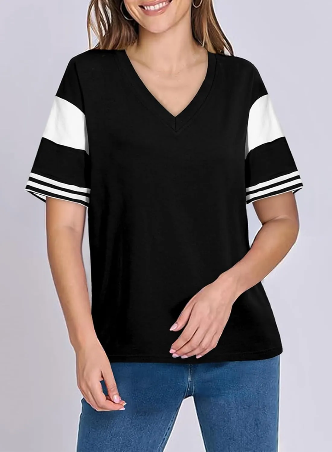 AlvaQ Womens Summer Colorblock Striped T Shirts Short Sleeve V Neck Casual Loose Pullover Tunic Tops