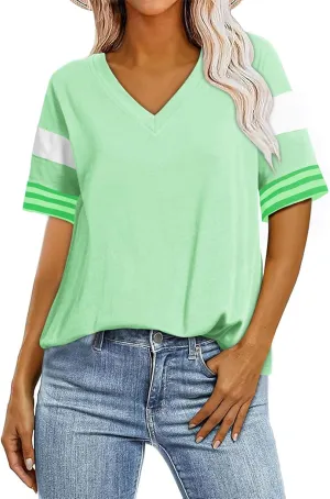 AlvaQ Womens Summer Colorblock Striped T Shirts Short Sleeve V Neck Casual Loose Pullover Tunic Tops