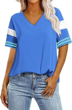 AlvaQ Womens Summer Colorblock Striped T Shirts Short Sleeve V Neck Casual Loose Pullover Tunic Tops