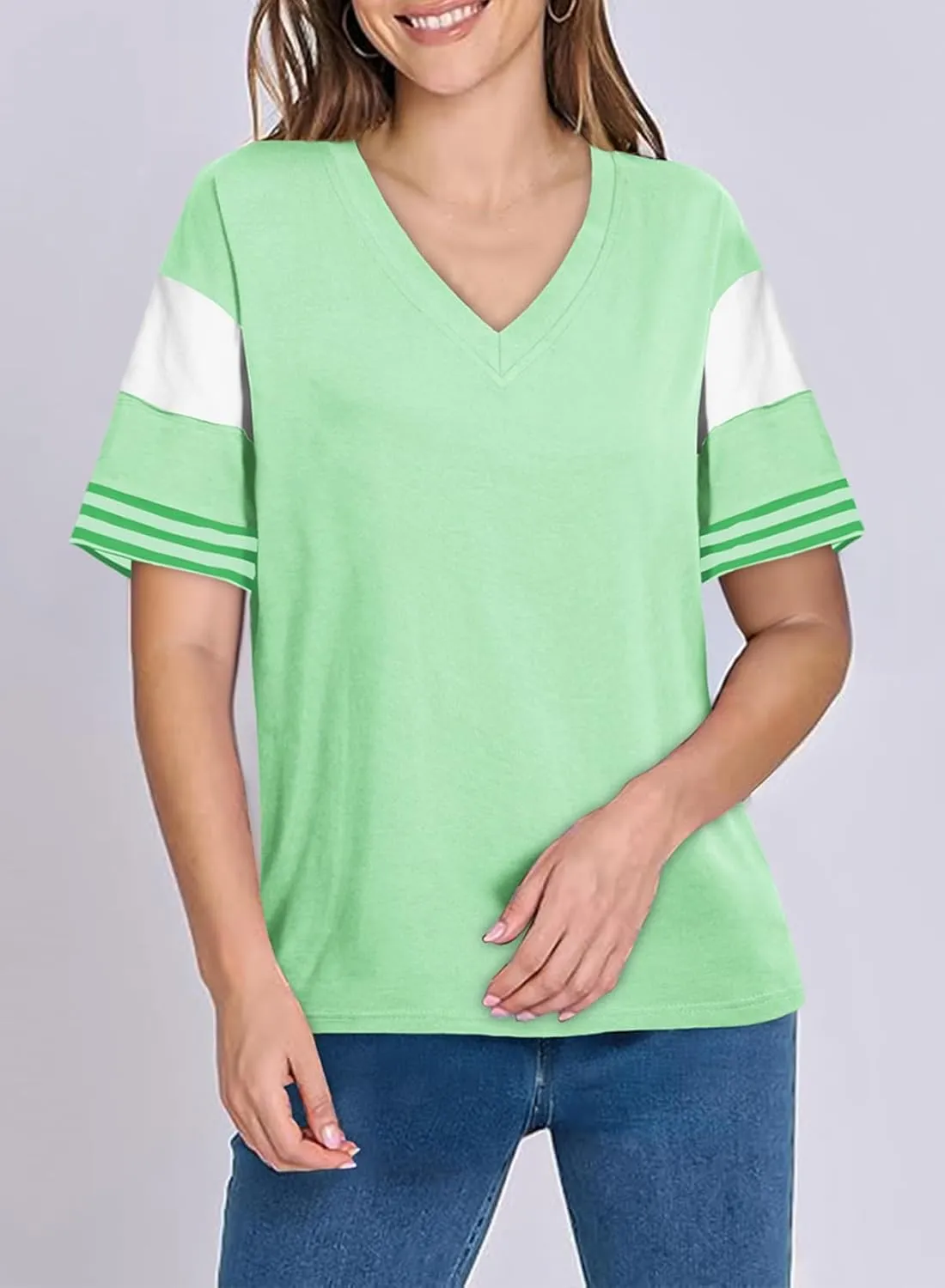 AlvaQ Womens Summer Colorblock Striped T Shirts Short Sleeve V Neck Casual Loose Pullover Tunic Tops