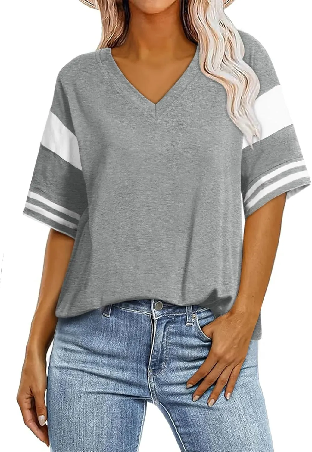 AlvaQ Womens Summer Colorblock Striped T Shirts Short Sleeve V Neck Casual Loose Pullover Tunic Tops