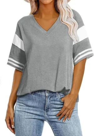 AlvaQ Womens Summer Colorblock Striped T Shirts Short Sleeve V Neck Casual Loose Pullover Tunic Tops