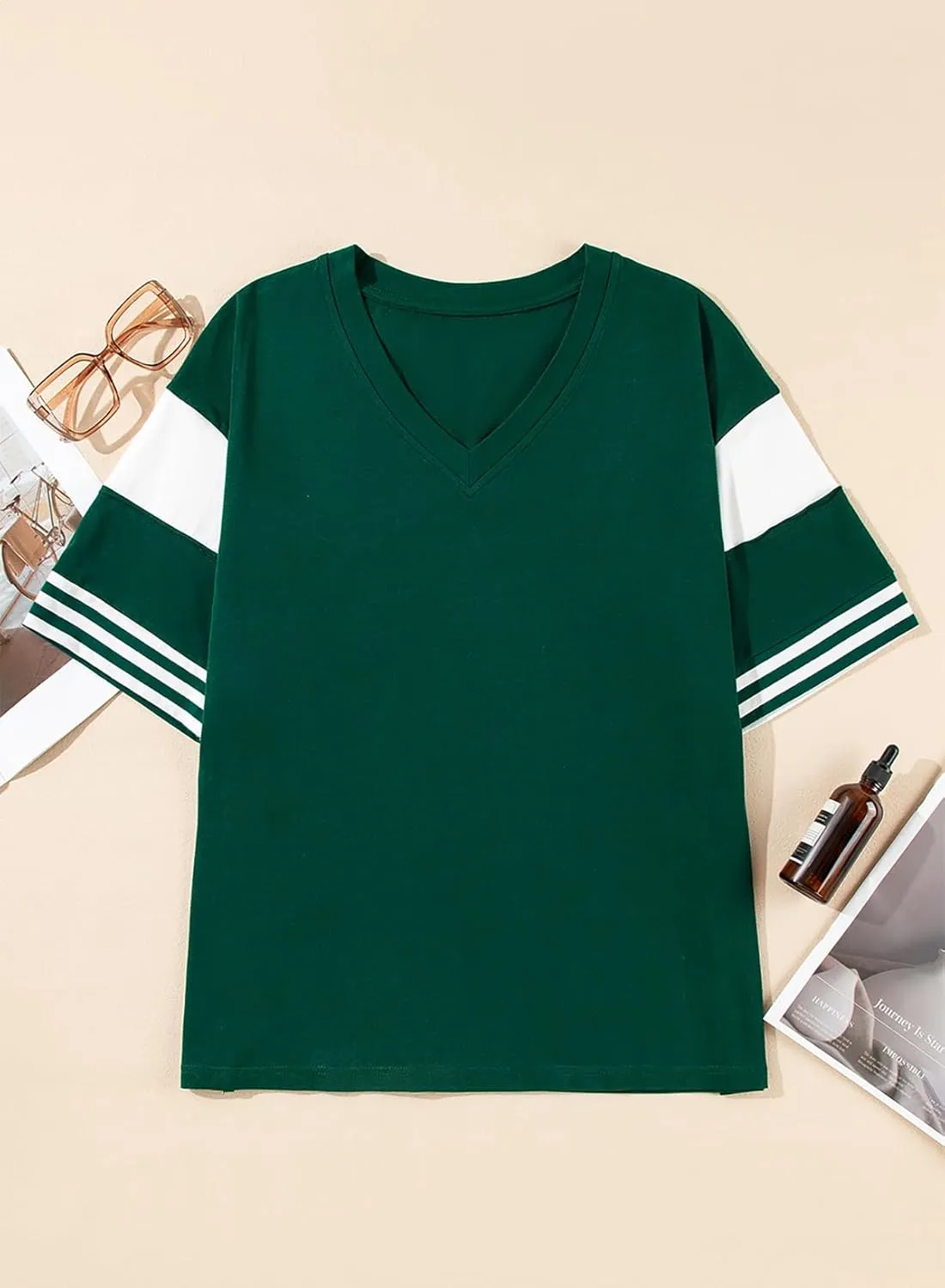 AlvaQ Womens Summer Colorblock Striped T Shirts Short Sleeve V Neck Casual Loose Pullover Tunic Tops