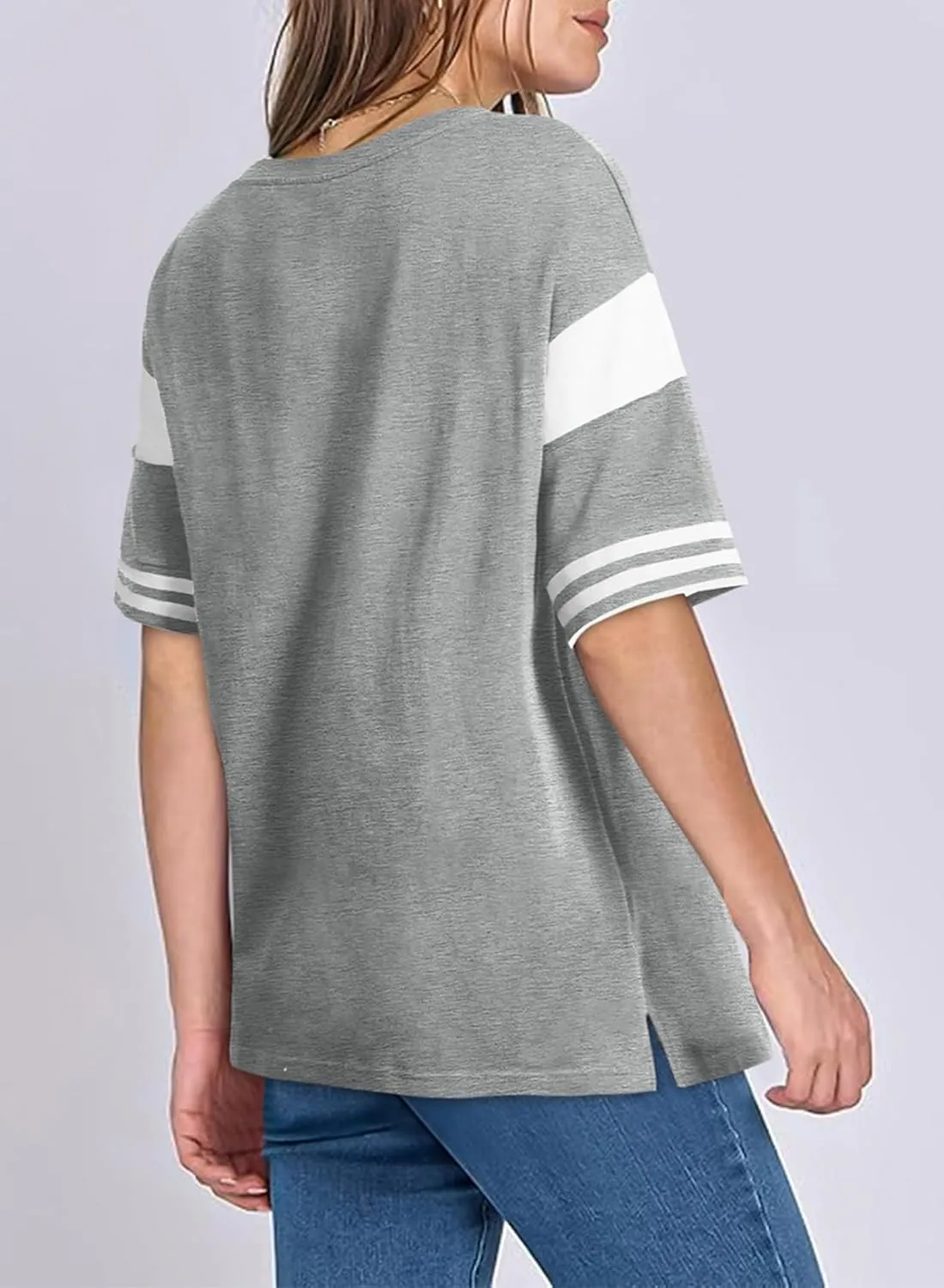 AlvaQ Womens Summer Colorblock Striped T Shirts Short Sleeve V Neck Casual Loose Pullover Tunic Tops