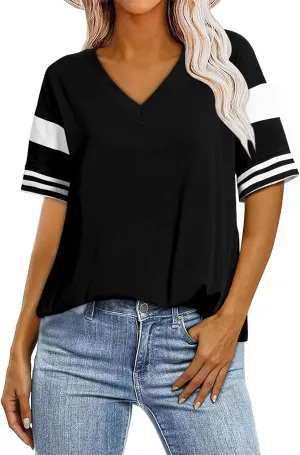AlvaQ Womens Summer Colorblock Striped T Shirts Short Sleeve V Neck Casual Loose Pullover Tunic Tops