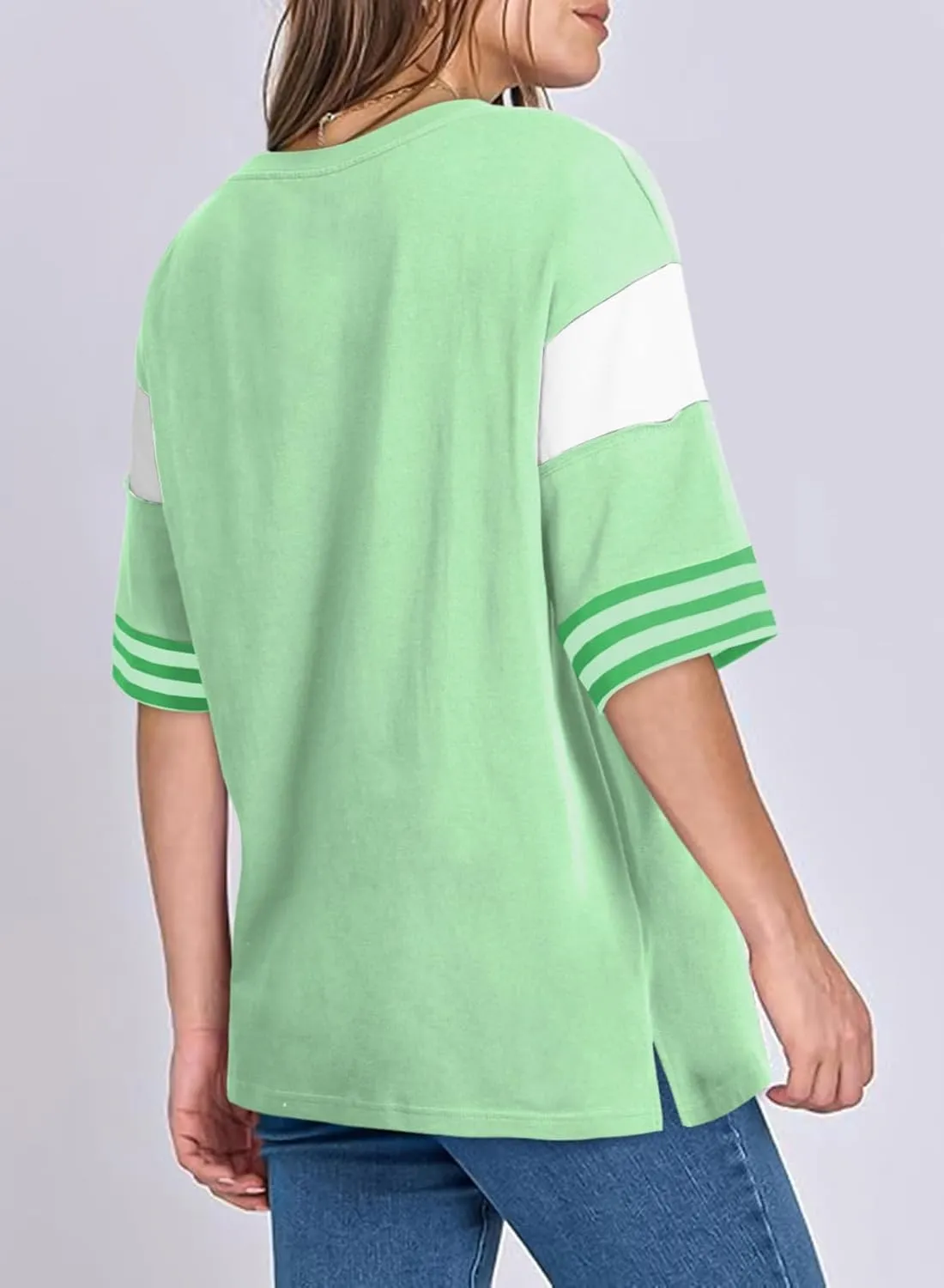 AlvaQ Womens Summer Colorblock Striped T Shirts Short Sleeve V Neck Casual Loose Pullover Tunic Tops