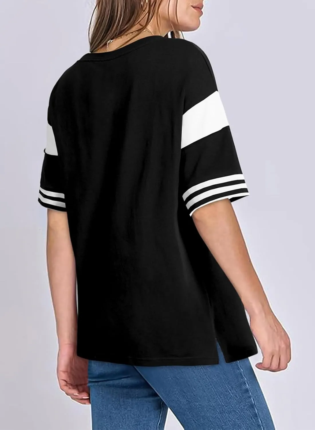 AlvaQ Womens Summer Colorblock Striped T Shirts Short Sleeve V Neck Casual Loose Pullover Tunic Tops
