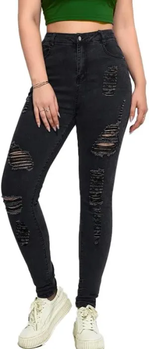 Andongnywell High Waisted Skinny Jeans for Women - Ripped,Distressed Jeans Stretchy Jegging Denim Pants
