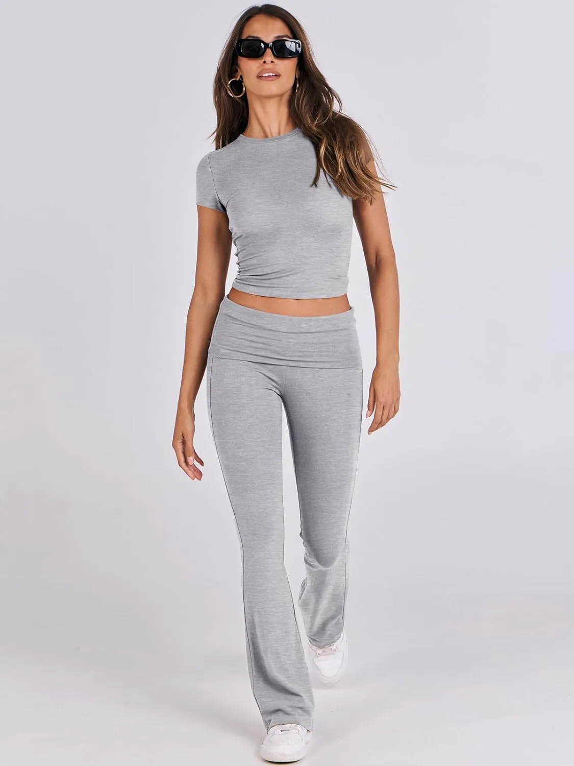 ANRABESS Lounge Sets for Women 2 Piece Foldover Yoga Flare Leggings Pants Crop Tops Casual Y2K Outfits Matching Tracksuit Set