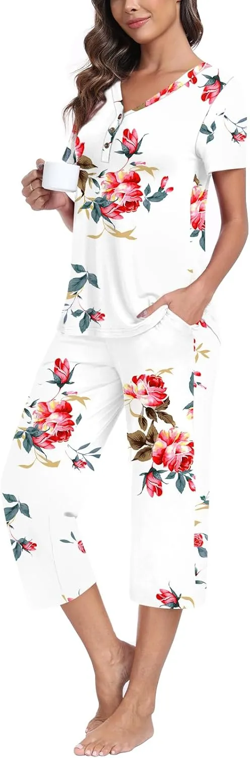Anyally Women's Pajama Set Plus Size Short Sleeve Top and Pants 2 Piece Lounge Sets Summer Ladies Pjs Sets
