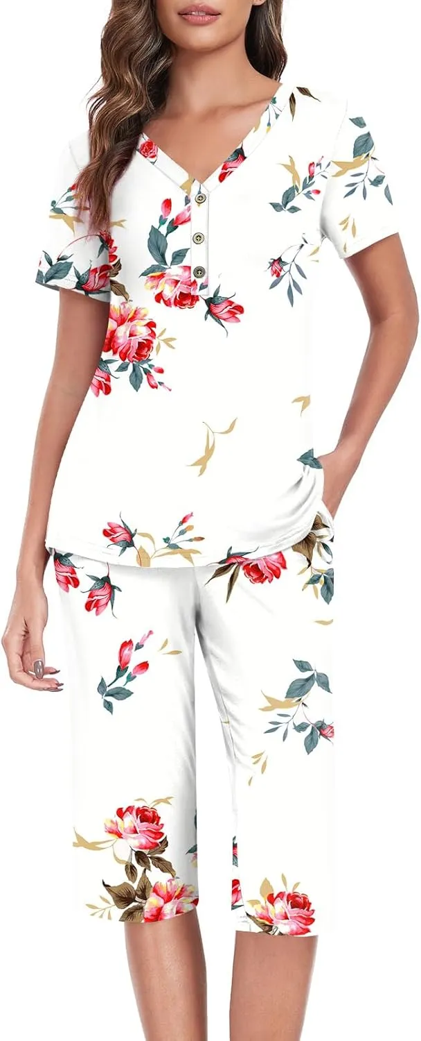 Anyally Women's Pajama Set Plus Size Short Sleeve Top and Pants 2 Piece Lounge Sets Summer Ladies Pjs Sets