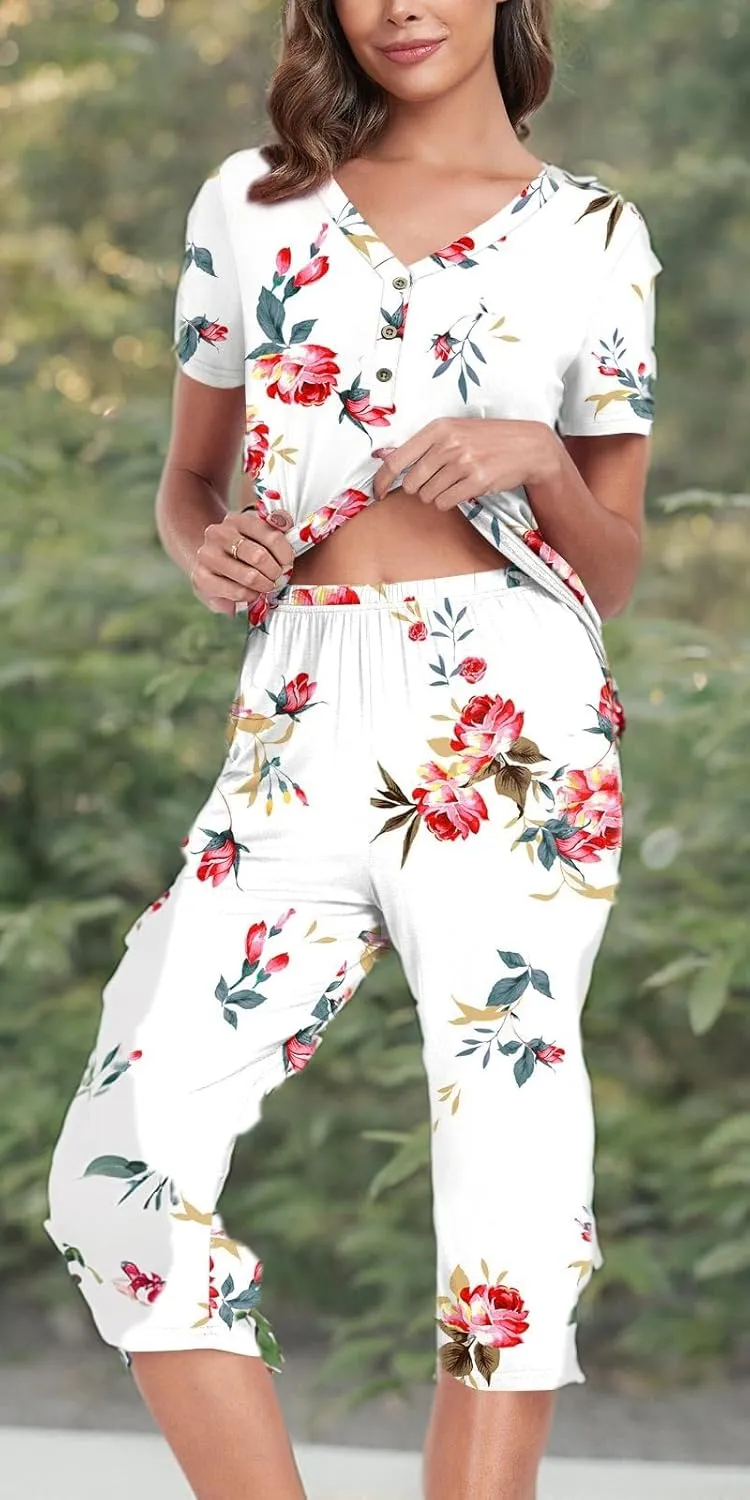 Anyally Women's Pajama Set Plus Size Short Sleeve Top and Pants 2 Piece Lounge Sets Summer Ladies Pjs Sets